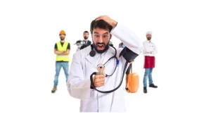 دكتور يضع يده على رأسه ويشعر بالقلق بسبب مخاطر الطب